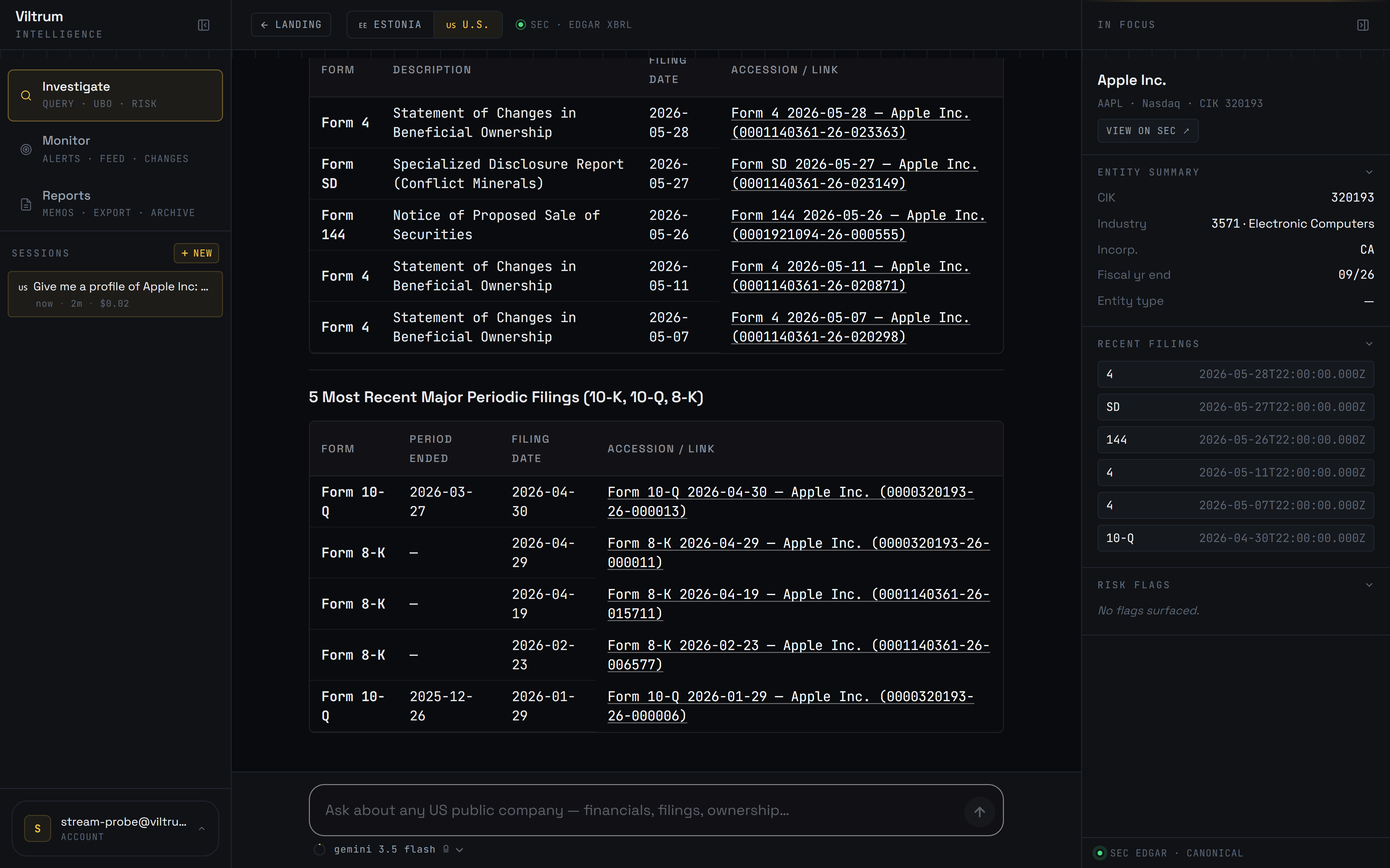 Viltrum answering whether Tesla's latest 10-K flags Autopilot litigation risk β with the source 10-K cited inline